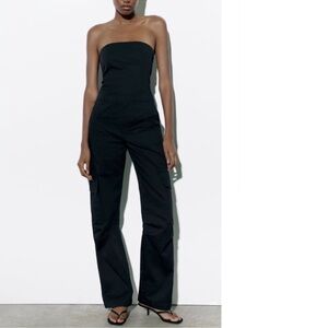 Zara - Black Strapless Cargo Jumpsuit